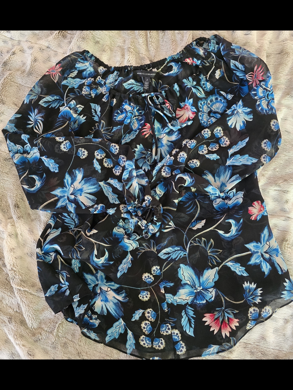 White House Black Market Black Floral Peasant Blouse with Blue Accents